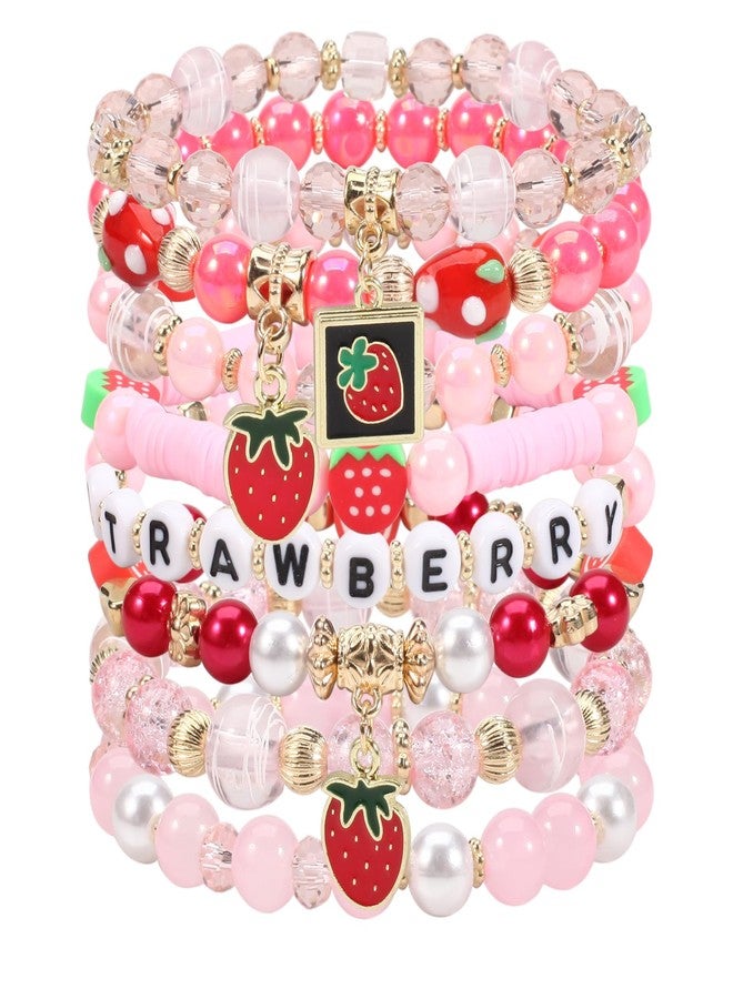 Lonext 8pcs Cute Fruit Strawberry Bracelets for Women Pink Rose Red Stretch Beads Bracelet - Image 1